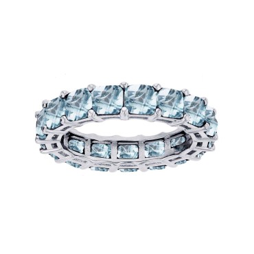 Created Light Blue Spinel Princess Cut Eternity Band in Rhodium Plated Sterling Silver