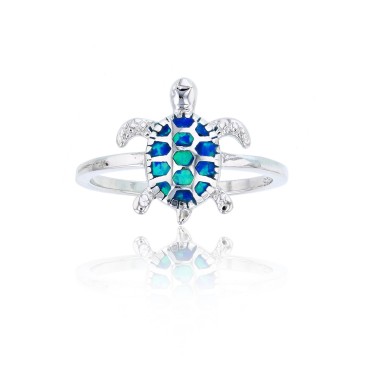 Created Blue Opal Inlay Turtle Ring in Sterling Silver