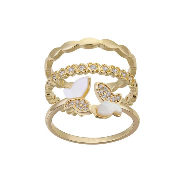 14K Gold Flash-Plated Cubic Zirconia and Genuine Mother Of Pearl Butterfly And Heart Ring Trio