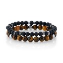 Tiger Eye Stone and Black Lava Bead Double Bracelet with Stainless Steel Beads, 8.5