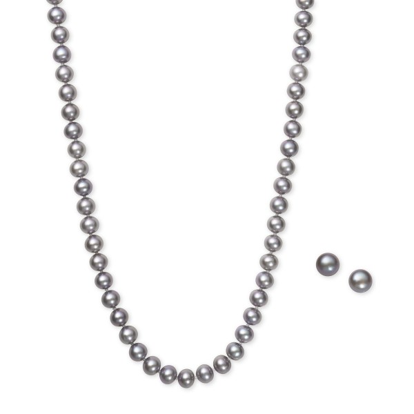 Gray Cultured Freshwater Pearl (6mm) Necklace and Matching Stud (7-1/2mm) Earrings Set in Sterling Silver