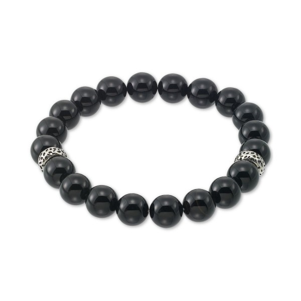 Onyx (10mm) Beaded Stretch Bracelet in Stainless Steel