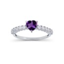 Cubic Zirconia in Sterling Silver Heart Amethyst and Round Ring