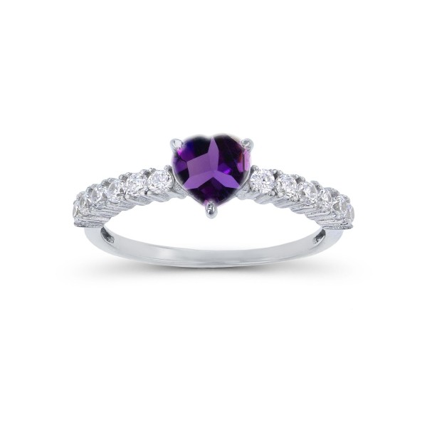 Cubic Zirconia in Sterling Silver Heart Amethyst and Round Ring