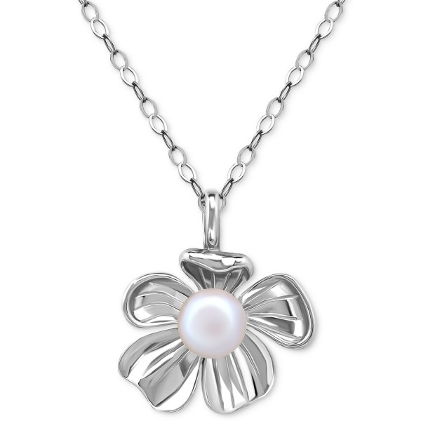 Cultured Freshwater Pearl (5mm) Flower Pendant Necklace, 16