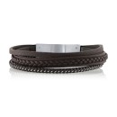 Brown Leather and Stainless Steel Triple Wrap Bracelet, 8.5