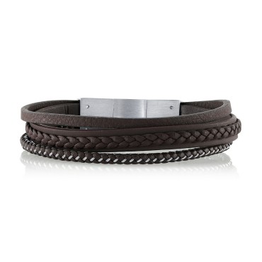 Brown Leather and Stainless Steel Triple Wrap Bracelet, 8.5