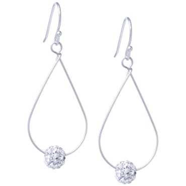 Pave Crystal Ball on an Open Tear Drop Wire Earrings Set in Sterling Silver