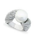 Imitation Pearl and Multi Row Pave Cubic Zirconia Ring in Silver Plate