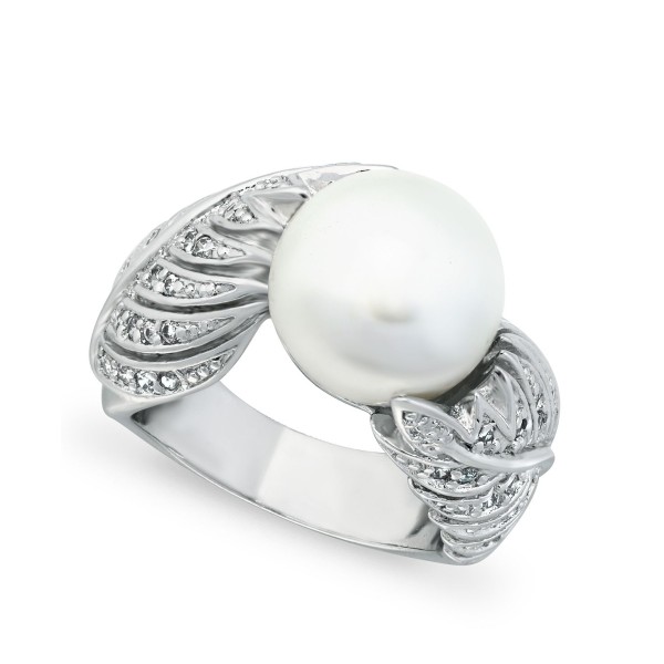 Imitation Pearl and Multi Row Pave Cubic Zirconia Ring in Silver Plate