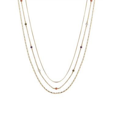 14K Gold Flash Plated Multi Color Cubic Zirconia 3-Piece Layered Chain Necklace Set with Extender