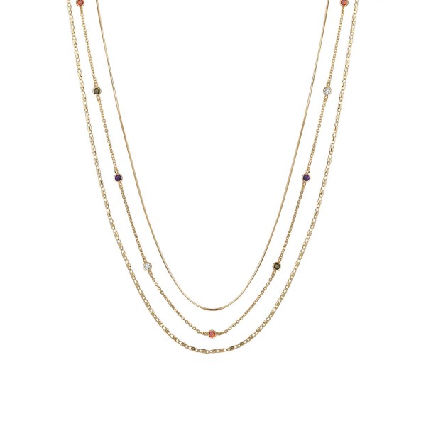14K Gold Flash Plated Multi Color Cubic Zirconia 3-Piece Layered Chain Necklace Set with Extender