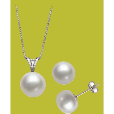2-Pc. Set White Cultured Freshwater Pearl Pendant Necklace (9mm) & Stud Earrings (8mm)