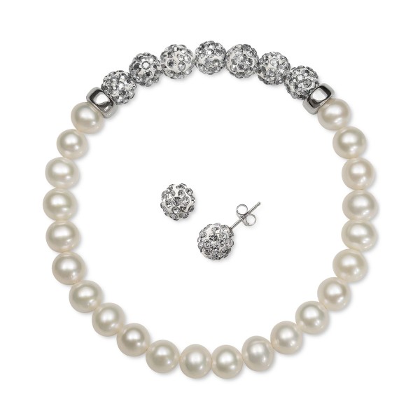 2-Pc. Set Cultured Freshwater Pearl (6-7mm) & Crystal Stretch Bracelet & Matching Stud Earrings