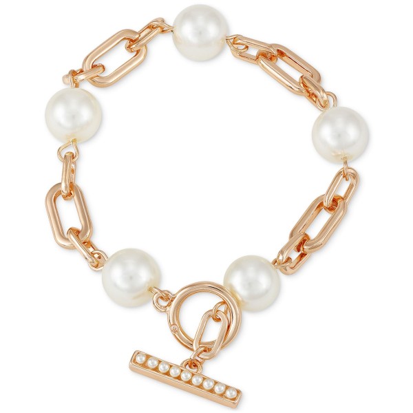 Rose Gold-Tone Imitation Pearl & Paperclip Link Flex Bracelet