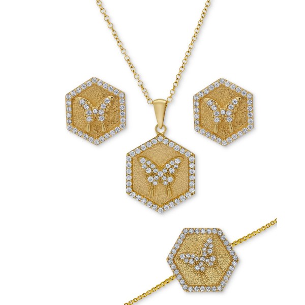 3-Pc. Set White Sapphire (1-1/2 ct. t.w.) Hexagon Disc Pendant Necklace, Bracelet, & Matching Stud Earrings in 14k Gold-Plated