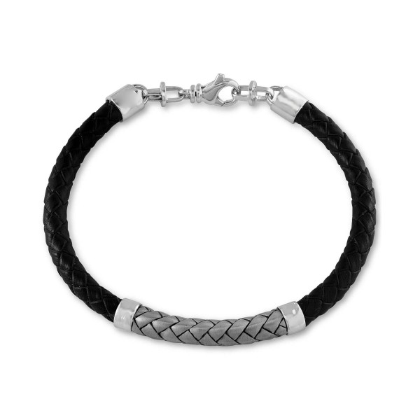 Men's Woven Bracelet in Leather and Sterling Silver