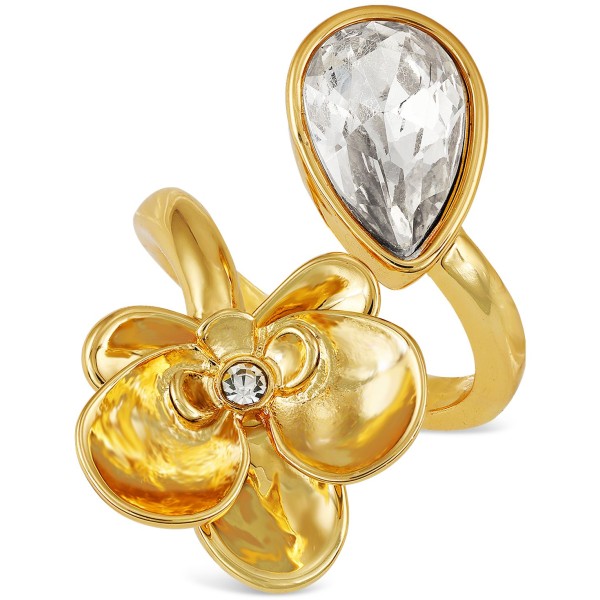 Gold-Tone Pavé Flower & Pear-Shape Crystal Bypass Ring