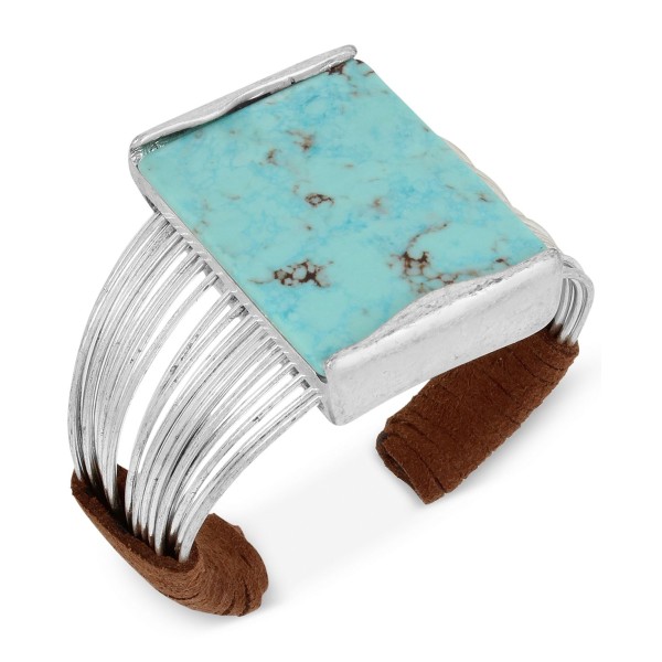 Silver-Tone Turquoise-Look Suede-Wrapped Cuff Bracelet