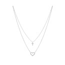 Fine Silver Plated Cubic Zirconia Cross and Heart Layered Pendant Necklace