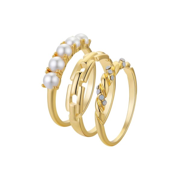 Women's Twist Faux Opal, Imitation Pearl and Chain Link Ring 3-Piece Set