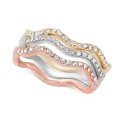 Tri-Tone Silver, Gold Plated, 18K Rose Gold Plated 3-Pc. Set Pavé Wavy Rings