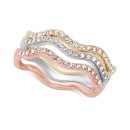 Tri-Tone Silver, Gold Plated, 18K Rose Gold Plated 3-Pc. Set Pavé Wavy Rings