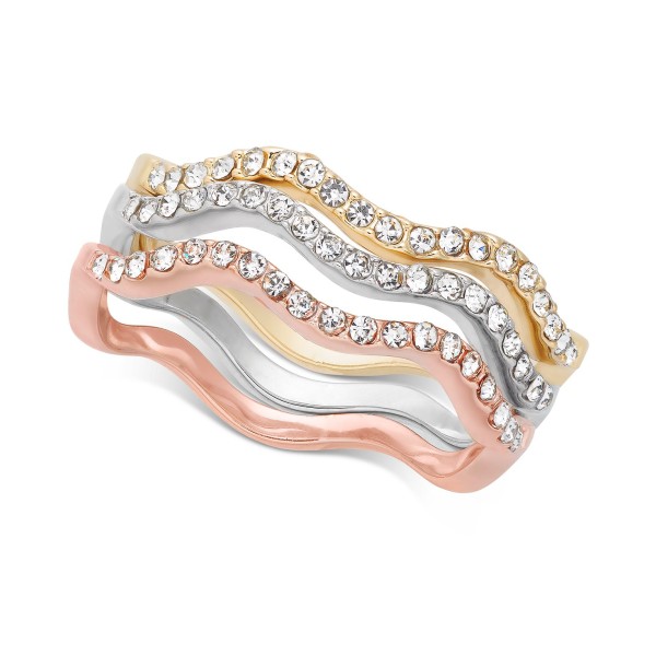 Tri-Tone Silver, Gold Plated, 18K Rose Gold Plated 3-Pc. Set Pavé Wavy Rings