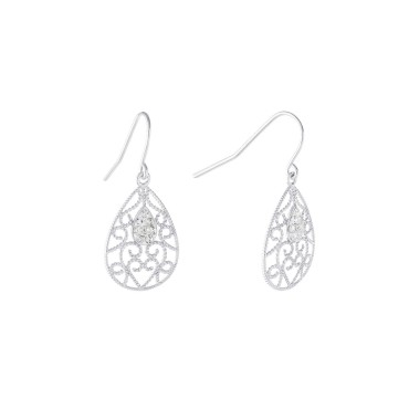 Crystal (0.16 ct.t.w) Filigree Tear Drop Earrings in Sterling Silver