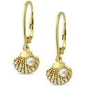 Freshwater Pearl & Cubic Zirconia Seashell Leverback Drop Earrings in 18k Gold-Plated Sterling Silver