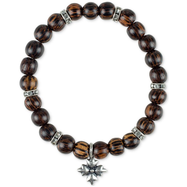 Silver-Tone Floret Charm Pavé & Wood Beaded Stretch Bracelet